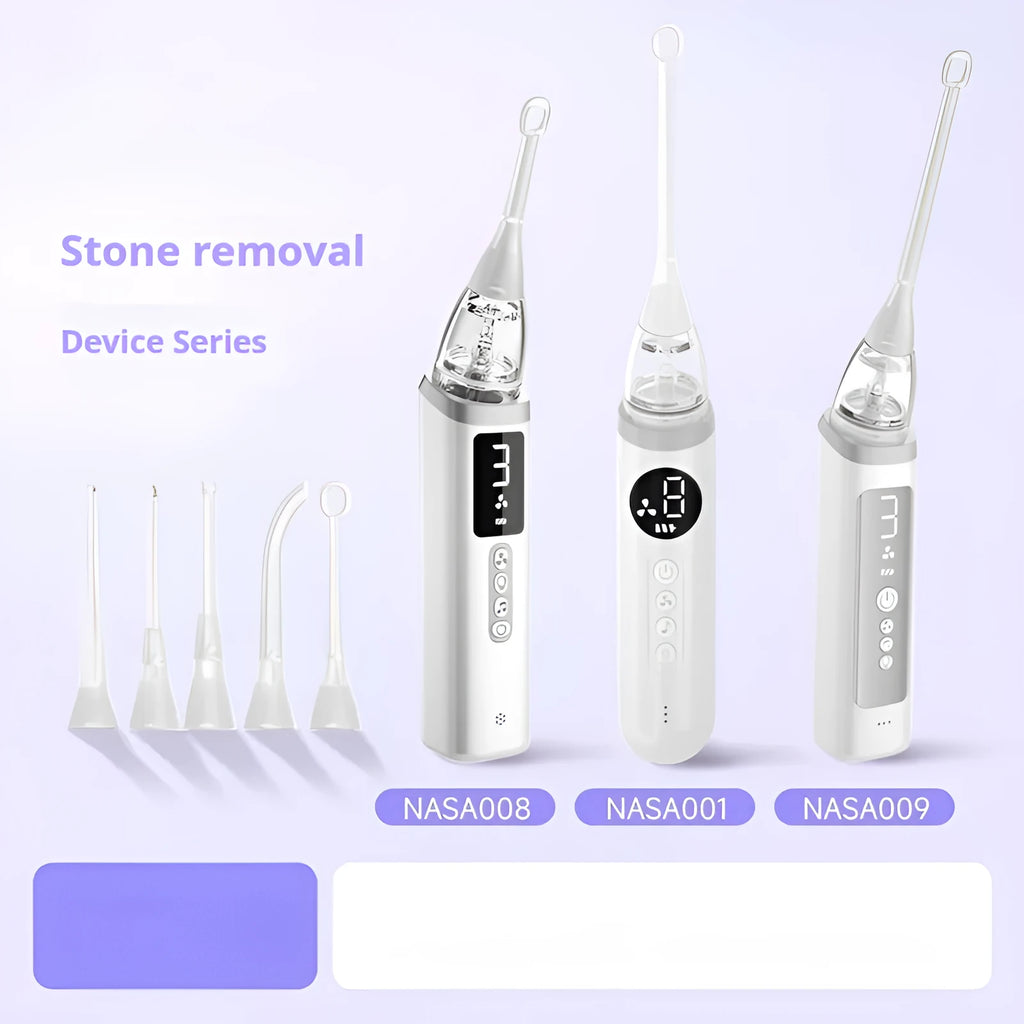 Milky white tonsil stone removal tool with curved extraction tip for oral hygiene and dental stone management