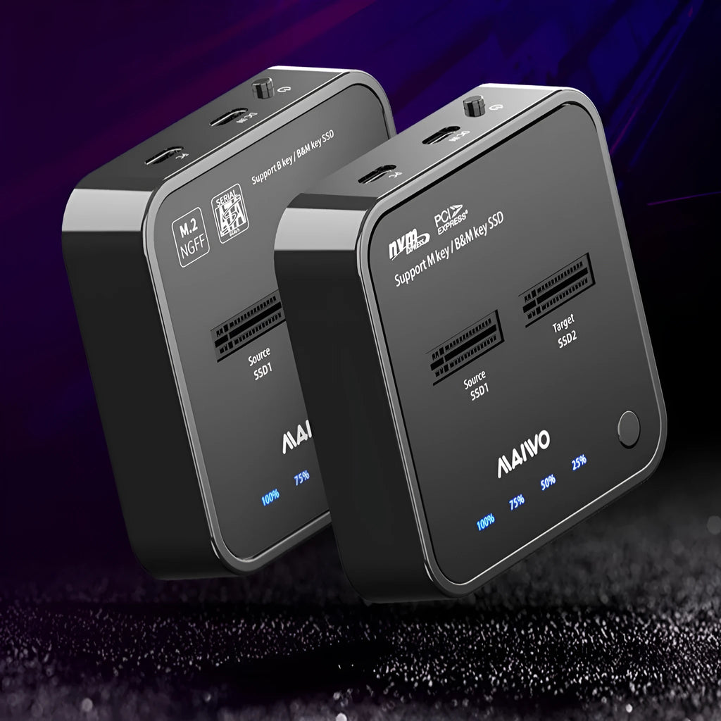 MAIWO K3016 M.2 SSD docking station for hard drive cloning with cables and power adapter.