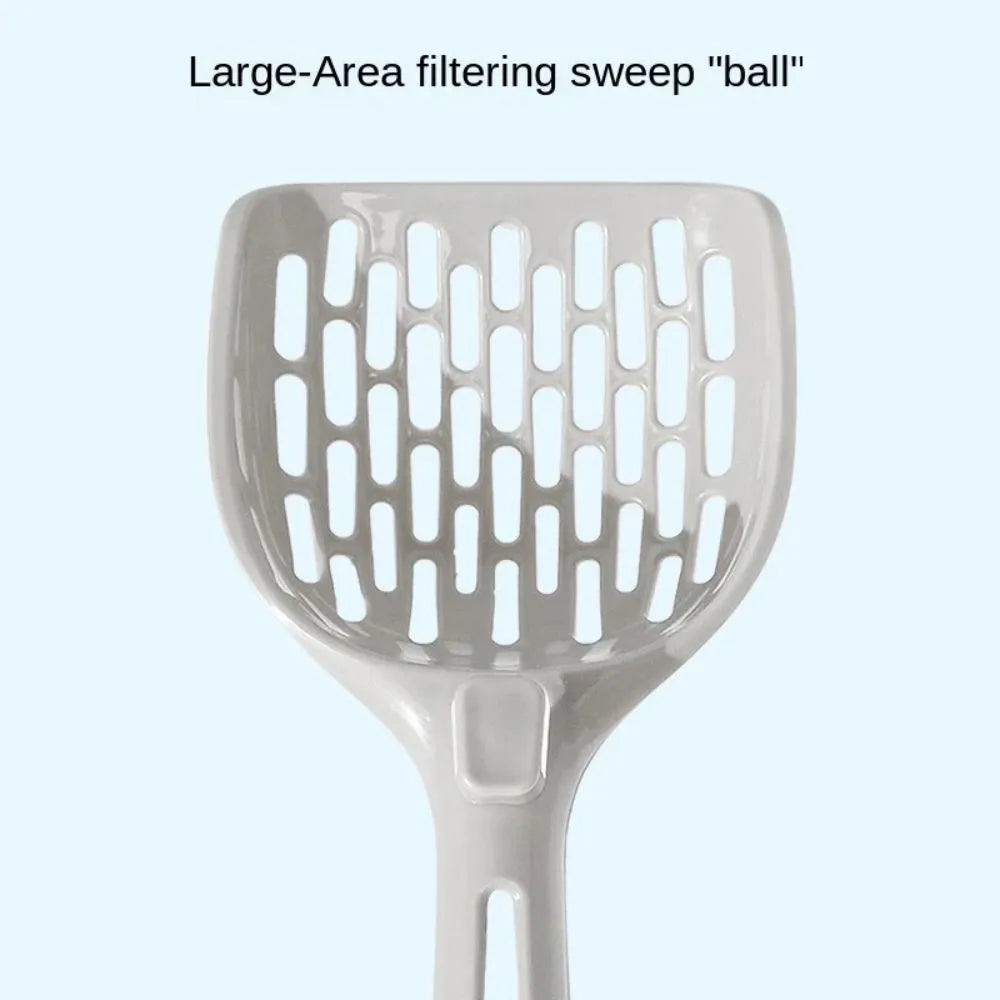 Grey plastic cat litter scoop resting on its matching comb-style base holder.