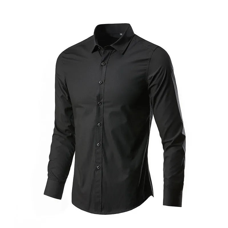 Men's slim fit long-sleeve linen shirt on a hanger, shown in a light grey colour with button front.