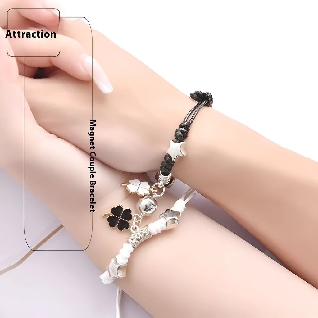 Magnet couple bracelets with magnetic clasp in various styles including love lock and clover designs