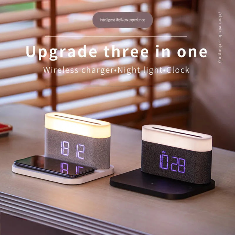 Black or white desktop wireless charger with digital clock display and night light function