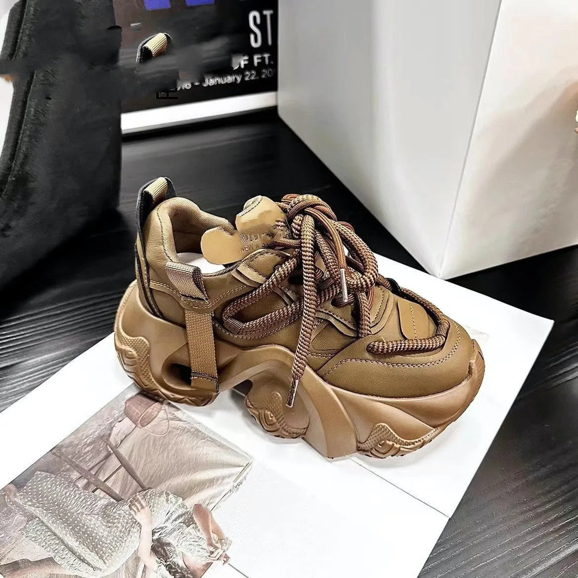 Women's platform sneakers with cross-strap design and wedge heel in synthetic leather
