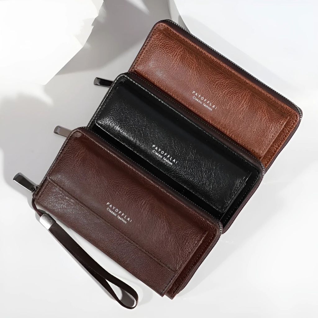 Men's black PU leather long wallet with multiple card slots showing 19 cm length
