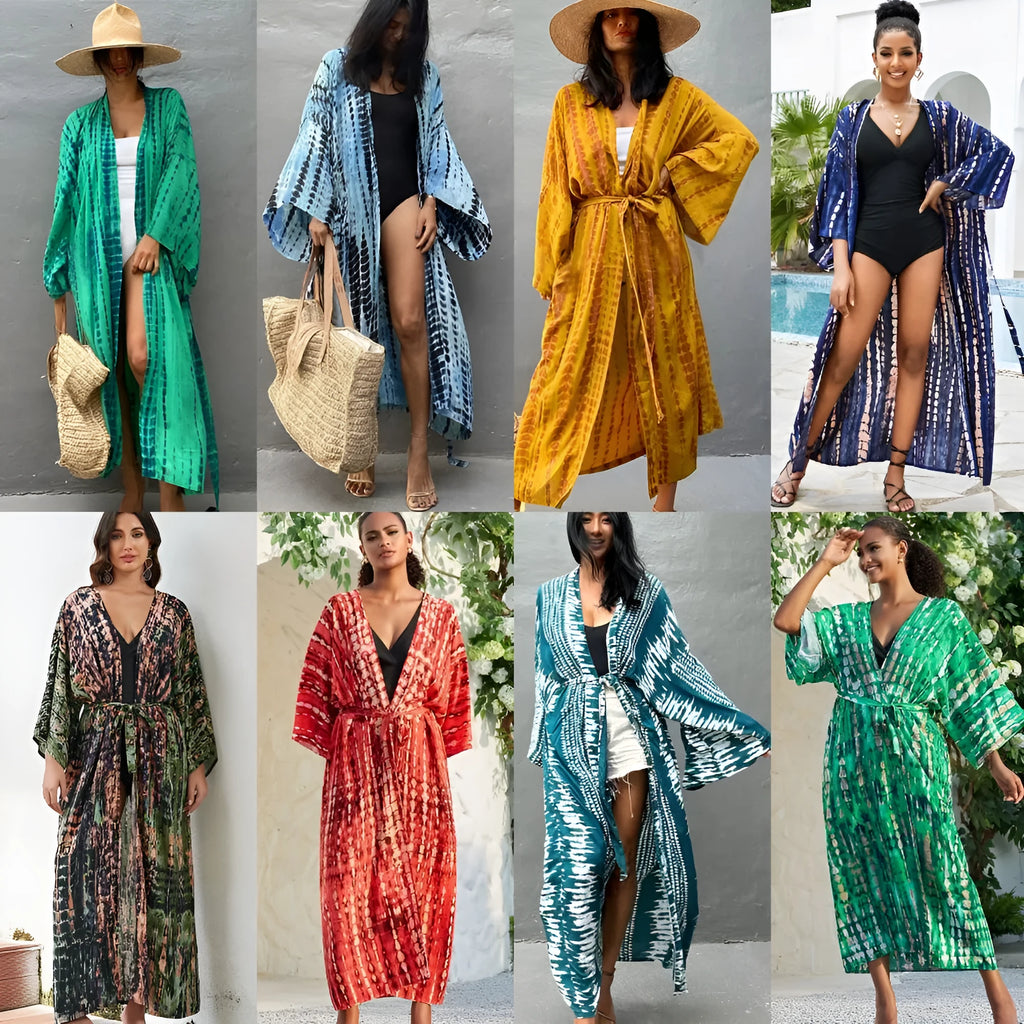 Women's long loose cotton beach cover-up shirt in printed DN0712 colour design.