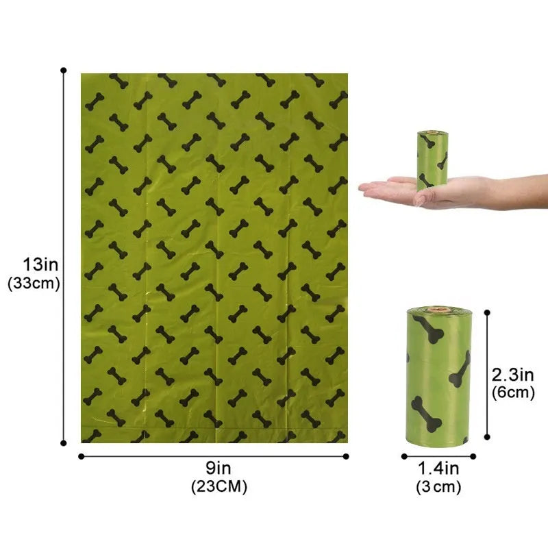 Military green degradable dog waste bags with black bone print measuring 23 by 33 centimetres