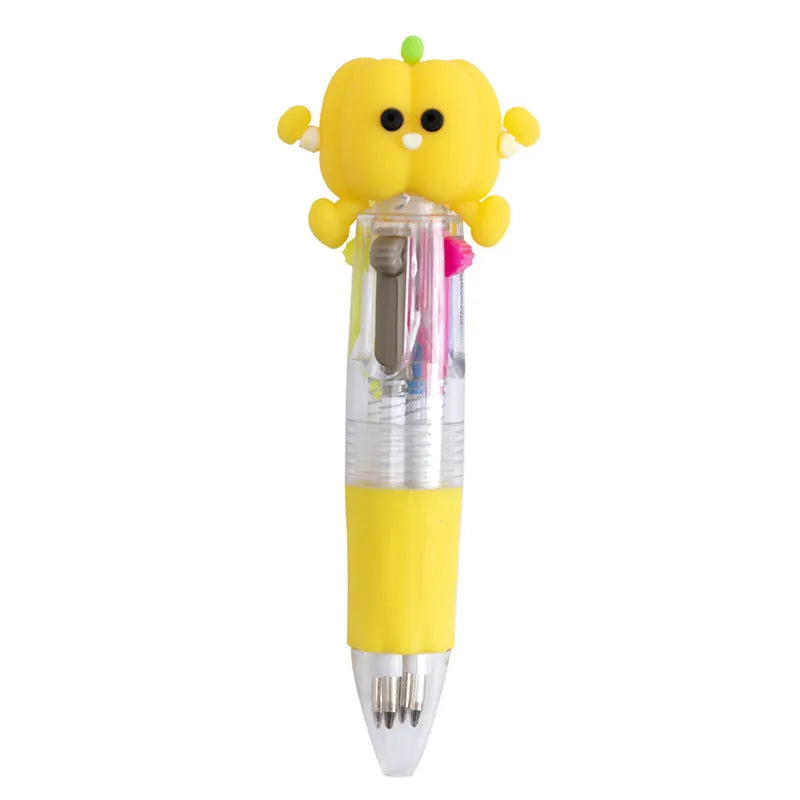 Four-colour press-action ballpoint pen with cartoon designs and 0.7mm bullet tip