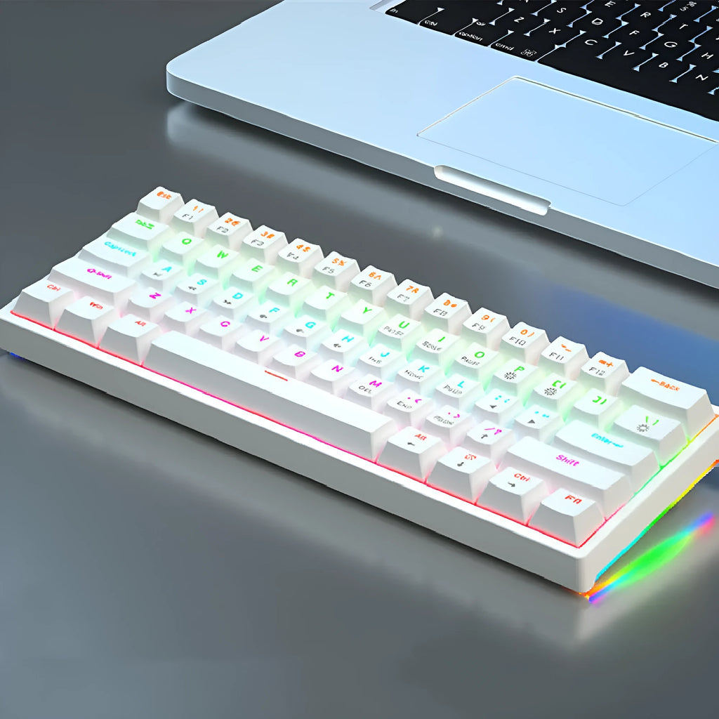 Blue and white 61-key mechanical keyboard with compact layout and hot-swappable switches