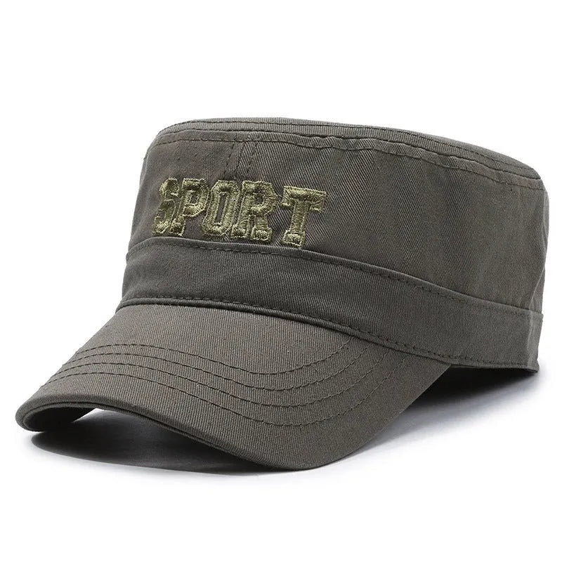 Cotton adjustable flat-top peaked cap for men in multiple colours with English letter detail.