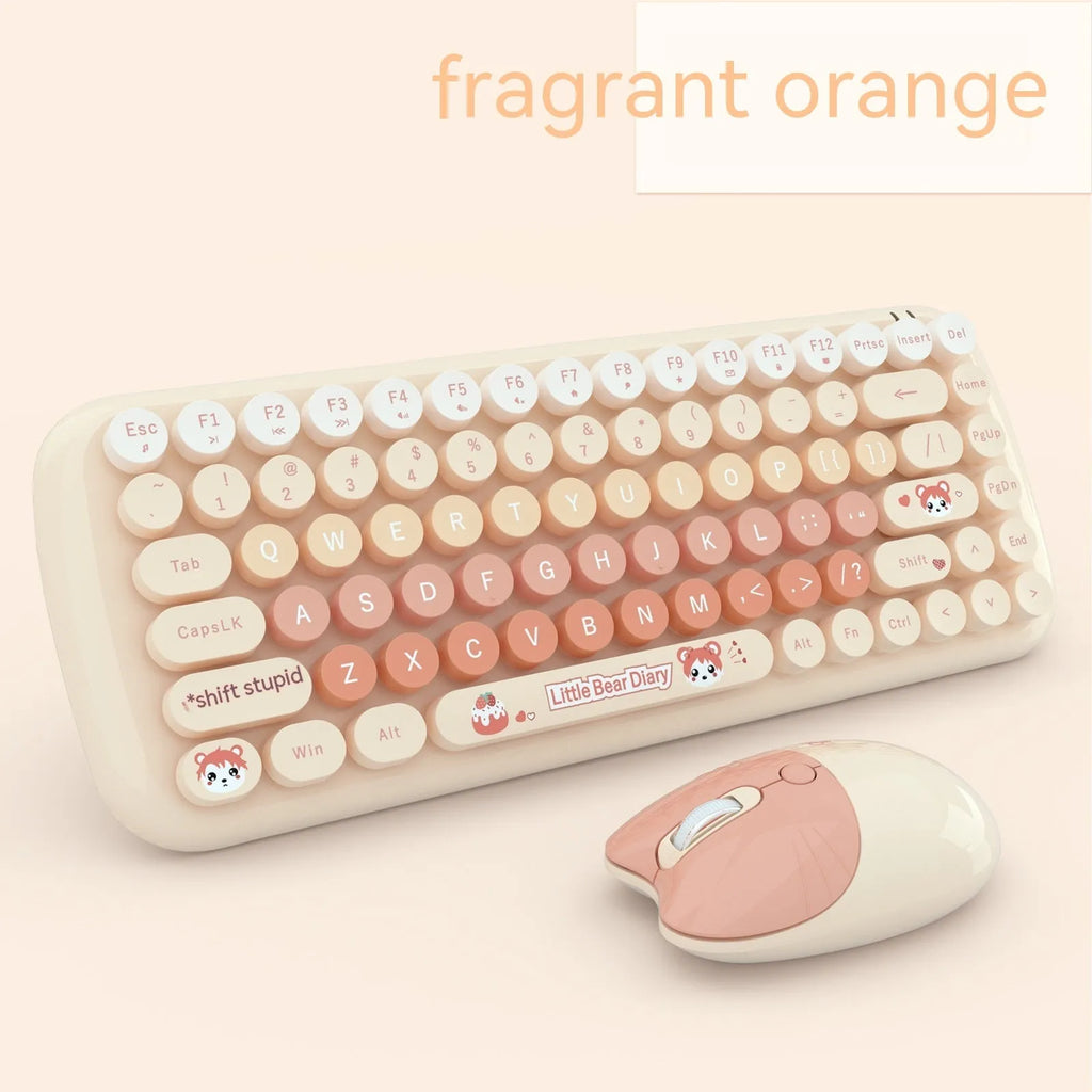 CANDY pink wireless cartoon keyboard and mouse set with receiver on a desk