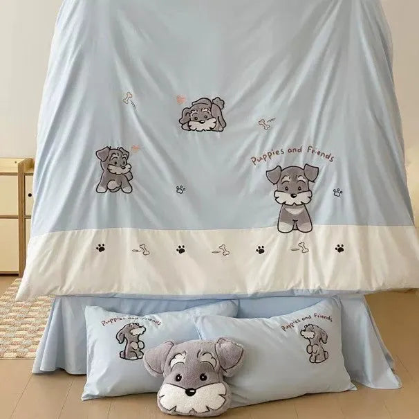 Schnauzer cartoon embroidery on a complete cotton bedding set with quilt cover, flat sheet, and pillowcases.