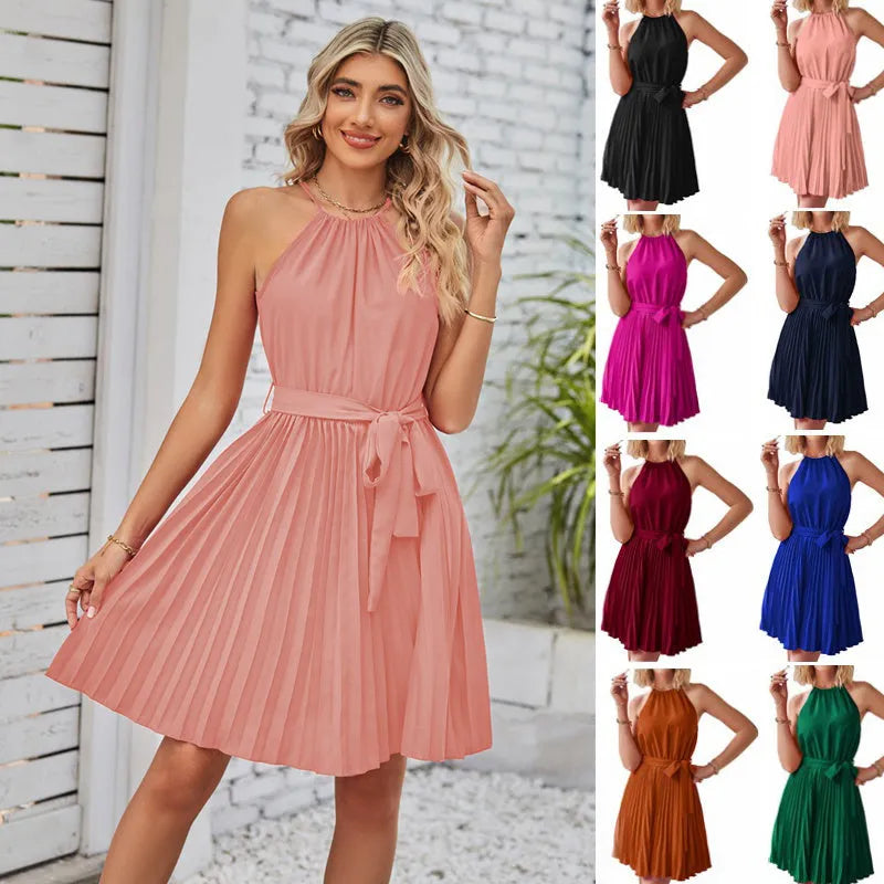 Women's black halter neck strapless sundress with pleated chiffon skirt and adjustable waist belt