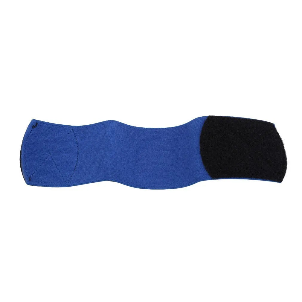 Red elastic rubber strap for securing football shin guards, shown next to shin pad