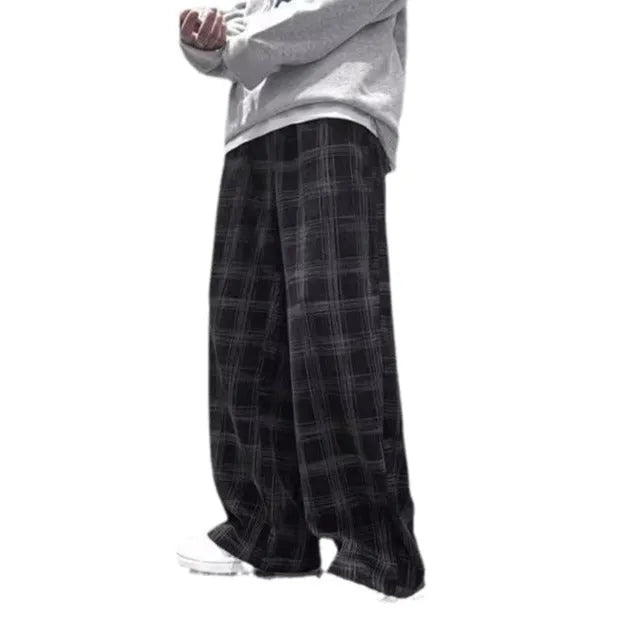 Japanese retro loose plaid trousers in straight-leg design showing black and green colour options