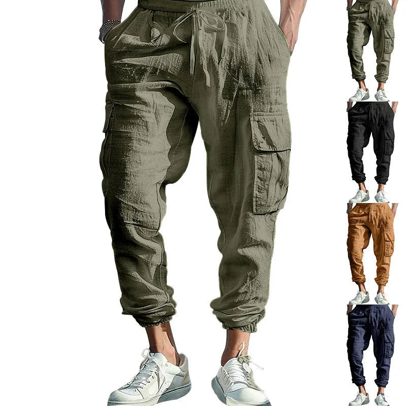 Men's ankle-tied casual trousers in linen fabric with multi-pocket design and drawstring waist