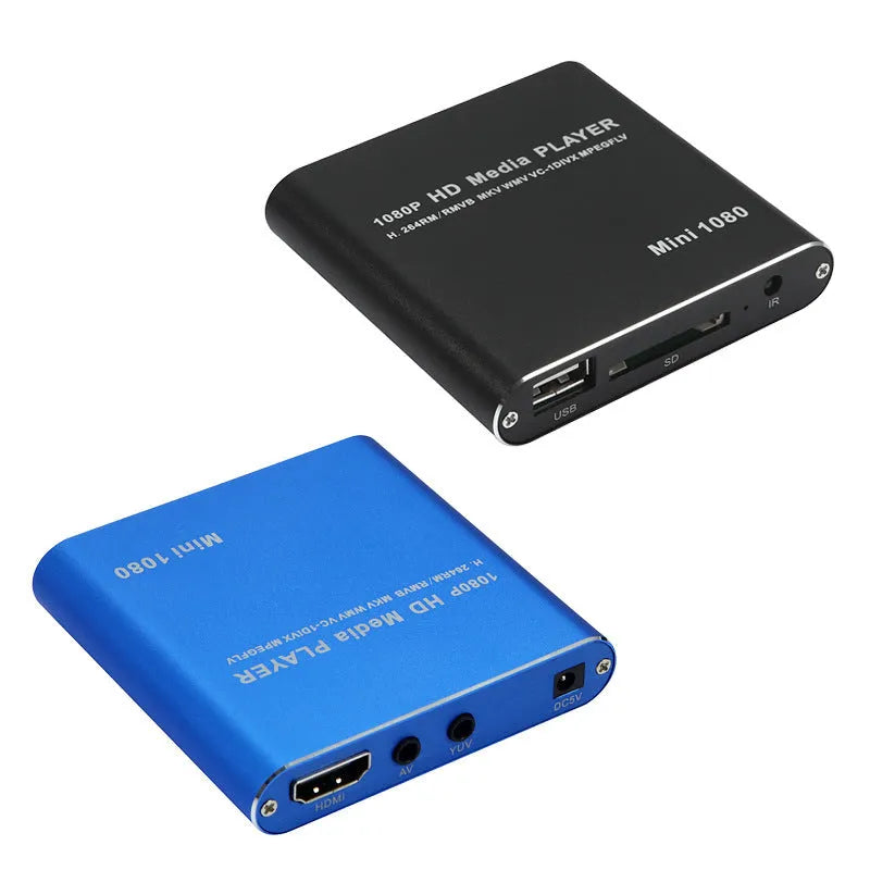 Compact black or blue 1080P Full HD media player with HDMI, SD, and USB ports