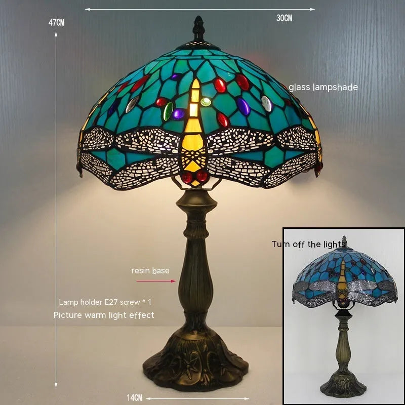 Stone Tiffany-style table lamp with a detailed dragonfly design in multiple colour options.