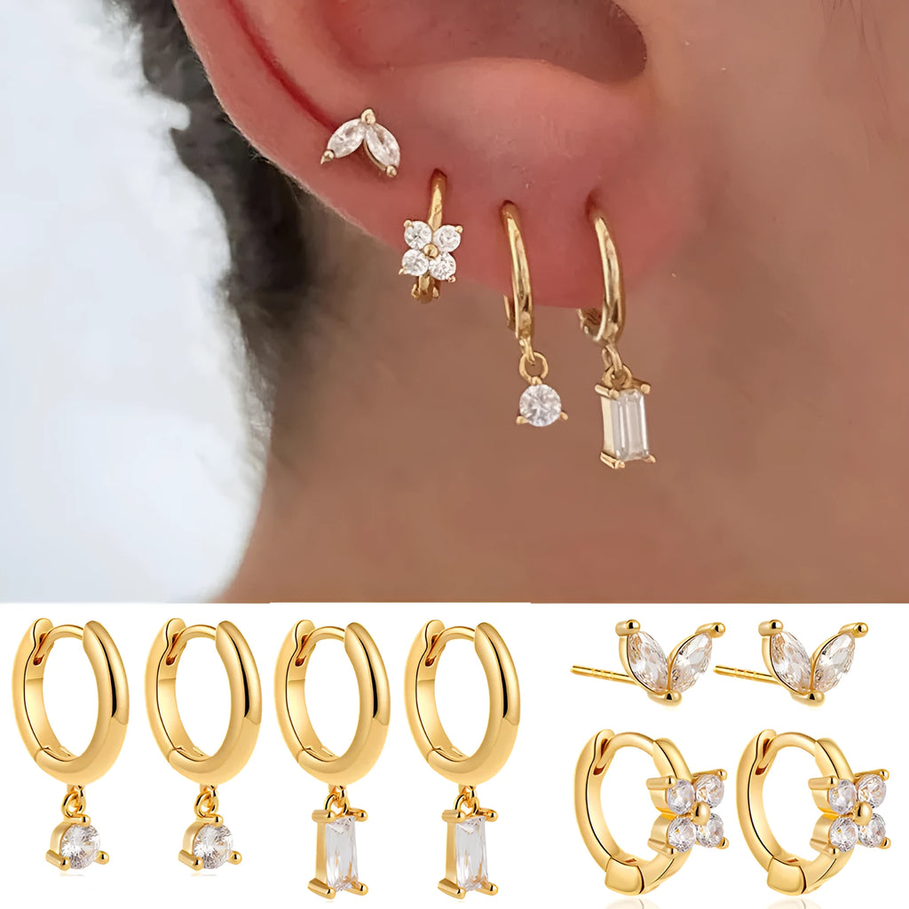 Geometric copper earrings set with zircon stones in gold or silver electroplating, showing star and square designs