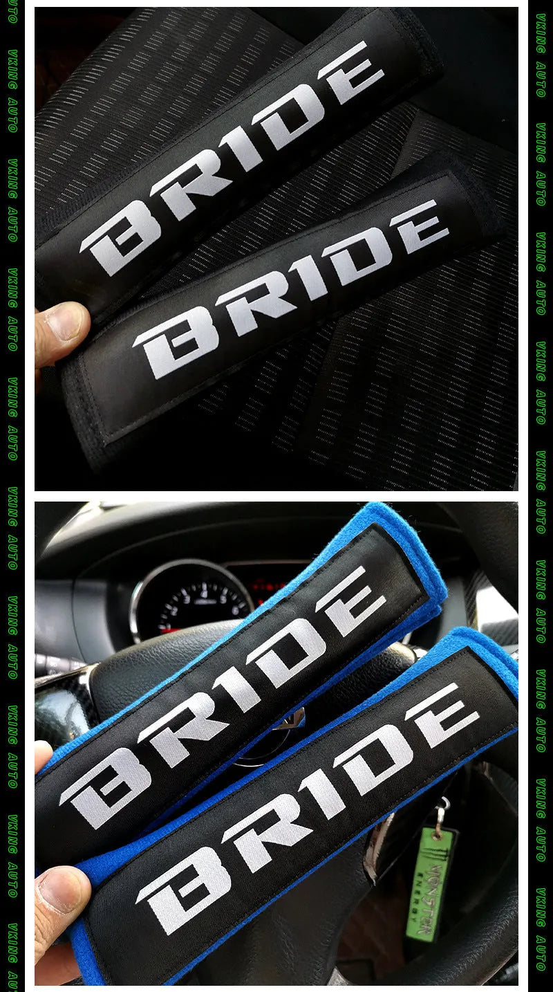 Car seatbelt shoulder pads with embroidery detail in black, blue, and red colour options