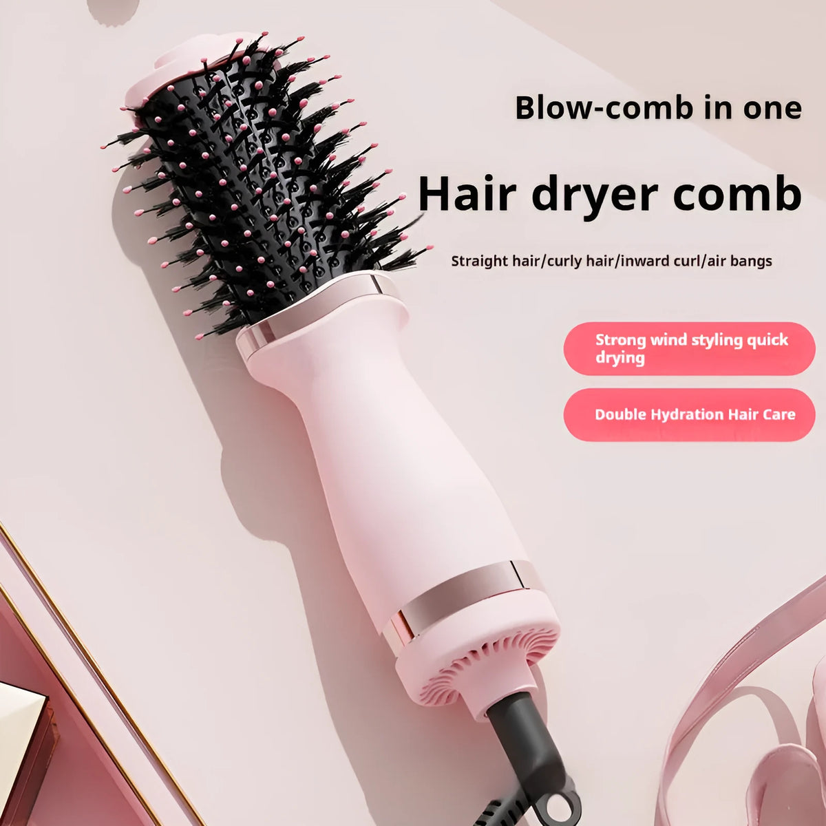 Pink multifunctional hair dryer with dual-use curling comb attachment