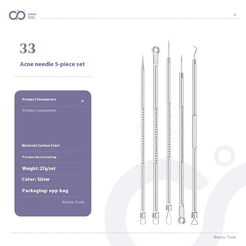 Four silver metal acne needles with ultra-fine pointed tips for skincare treatment.
