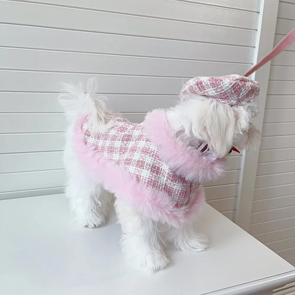 Pink polyester pet cloak set with beret and traction rope for small cats and dogs