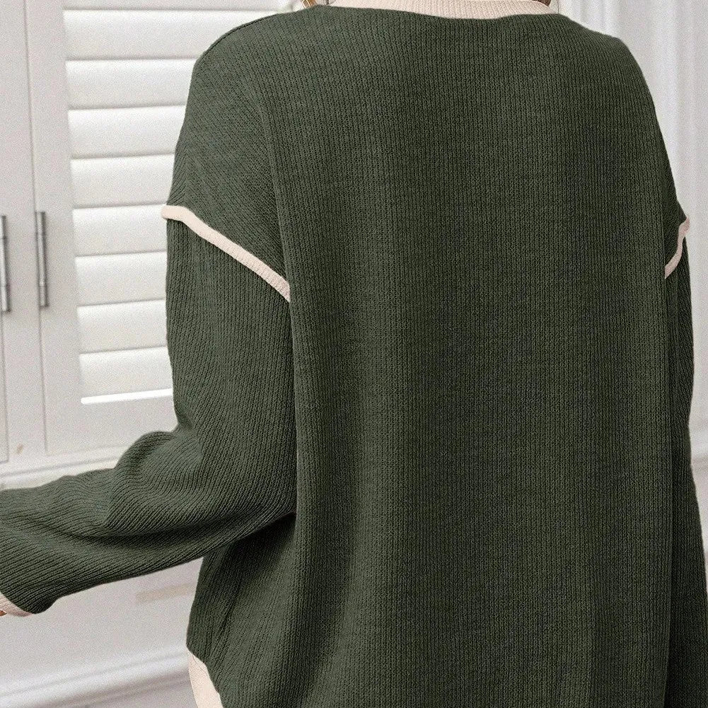 Drop shoulder loose top with four leaf clover contrast trim in polyester elastane fabric