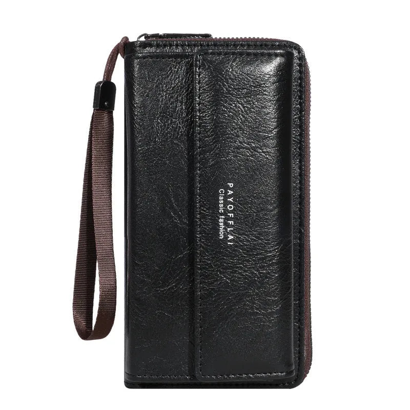 Men's black PU leather long wallet with multiple card slots showing 19 cm length