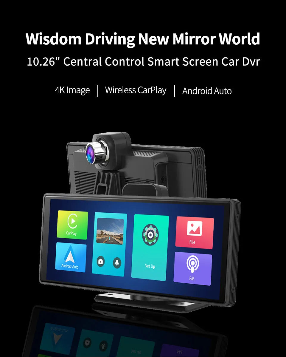 10.26-inch car dash camera with touch screen, front and rear recording cameras, and parking monitor display.