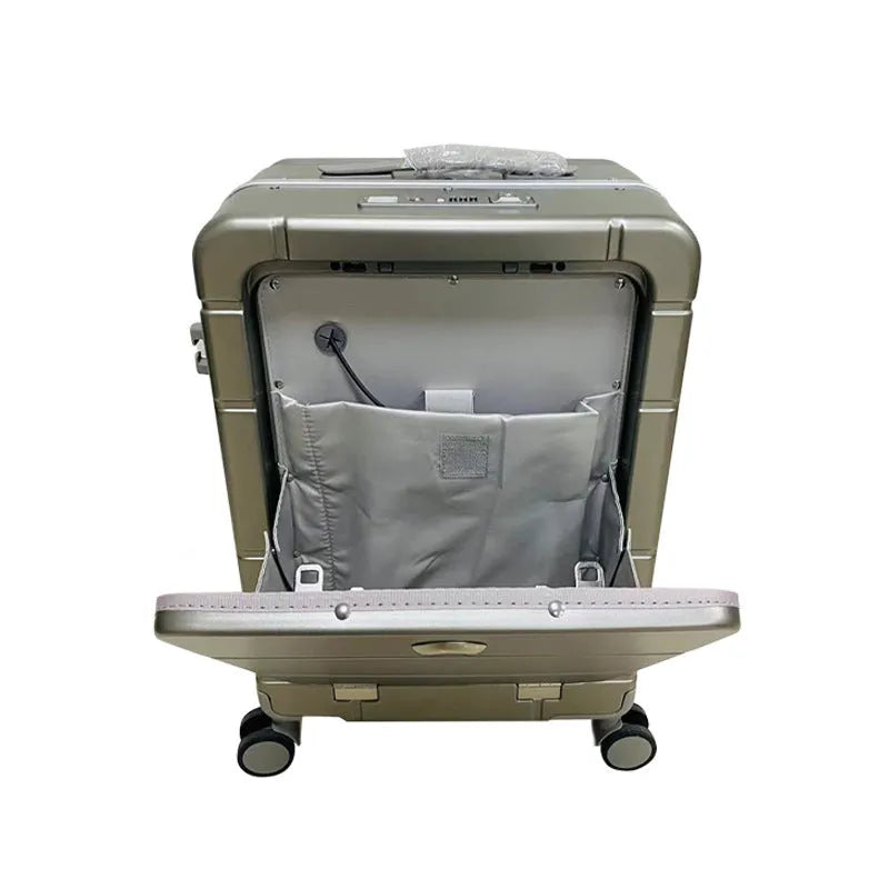 20-inch front opening cabin suitcase in four colours showing dry wet separation and built-in cup holder.