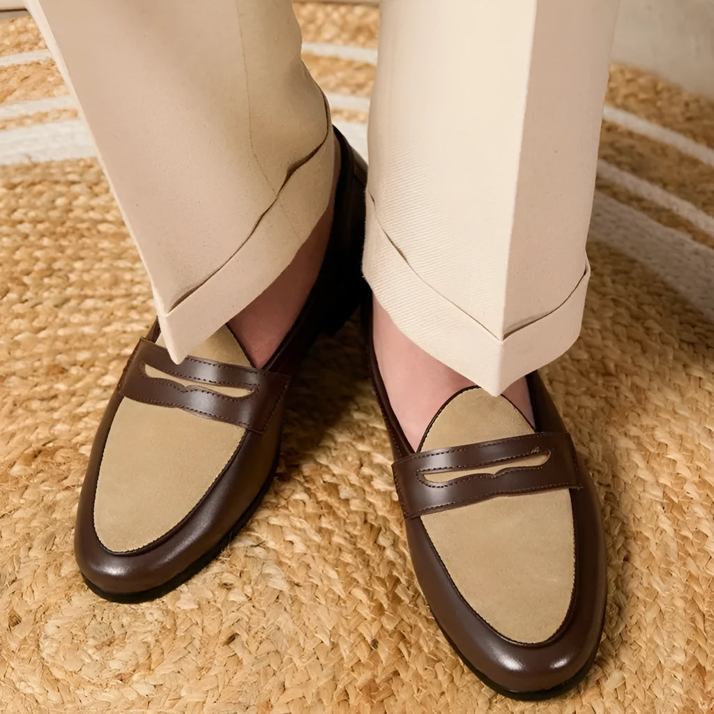 Coffee grey suede leather men's slip-on loafers with a rubber sole.