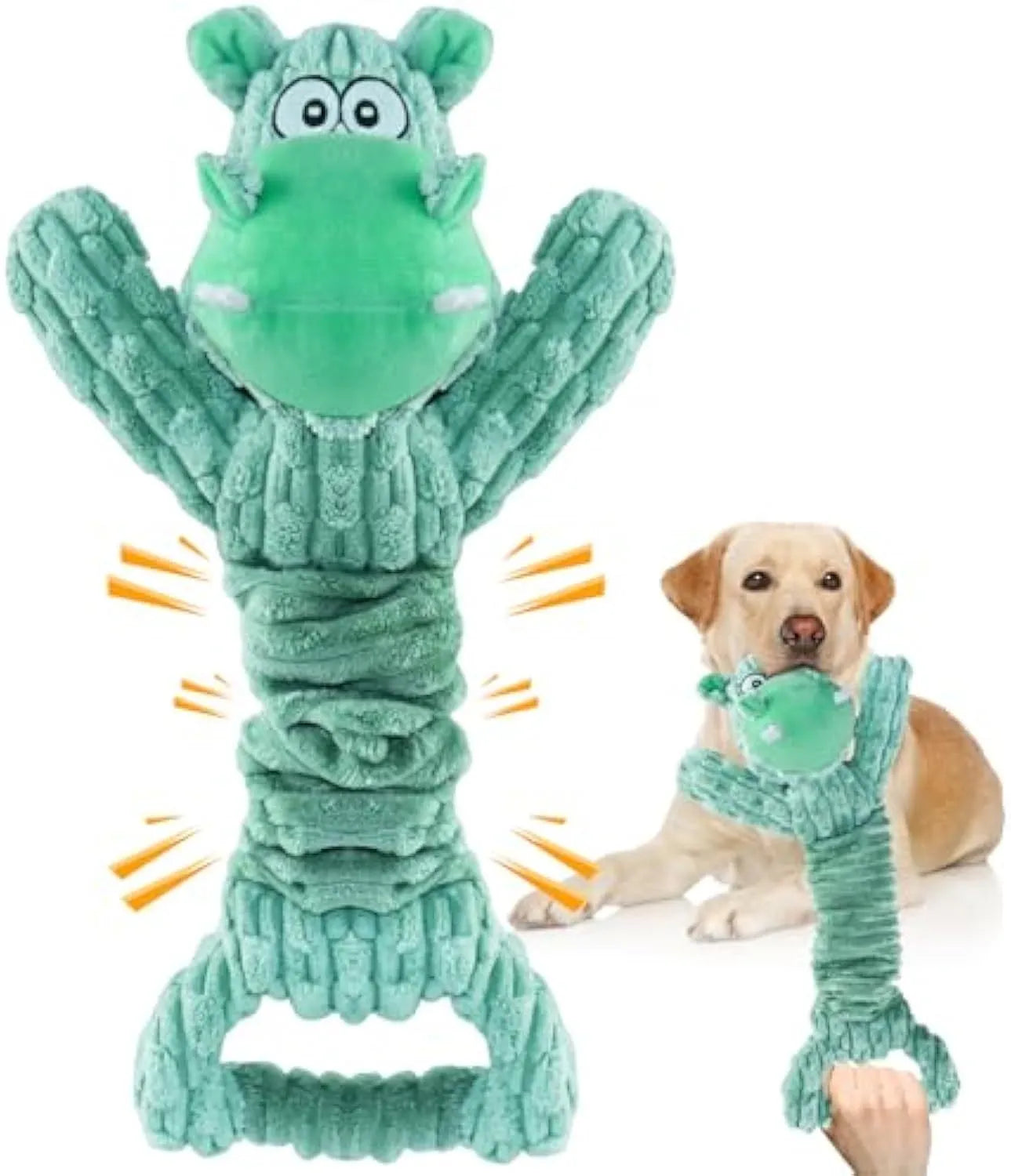 Large plush squeaky dog toy with a handle for tug of war, shown in a hippo design.