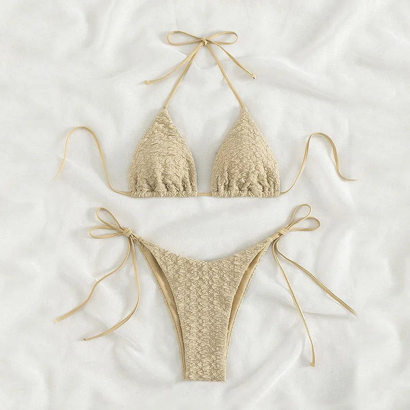 Women's high waist lace-up bikini swimsuit in polyester fabric showing front and back views