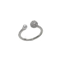Open-end pearl ring with round zircon decoration in gold or silver colour with thick real gold plating