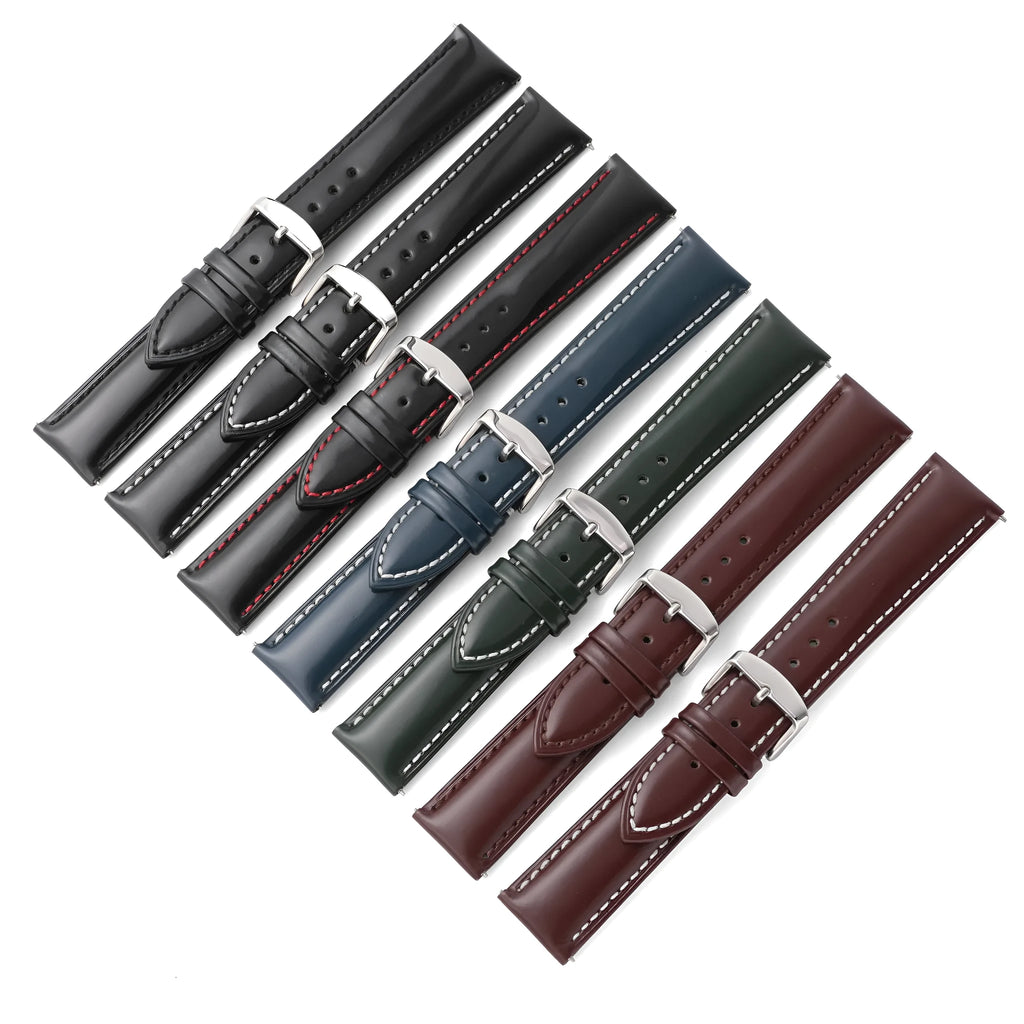 Quick release leather watch strap in cowhide with bright finish showing colour options and width sizes