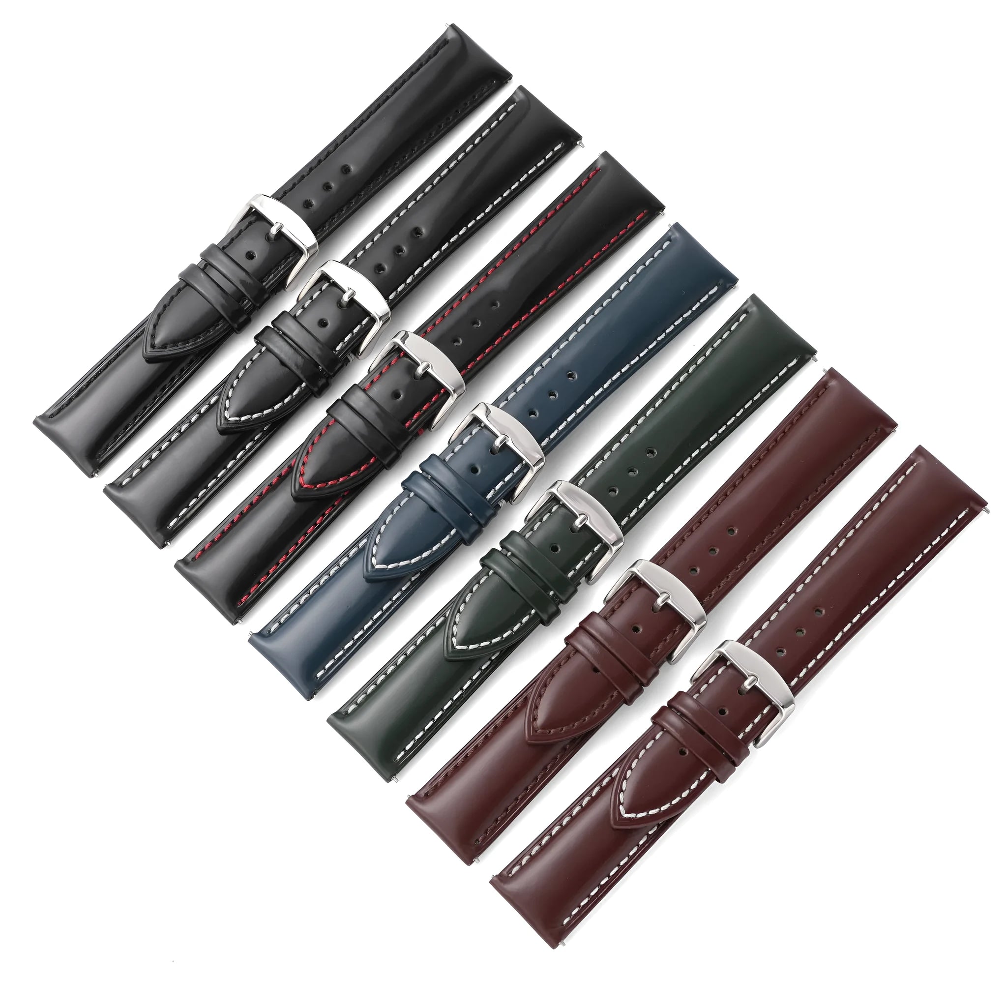 Quick release leather watch strap in cowhide with bright finish showing colour options and width sizes