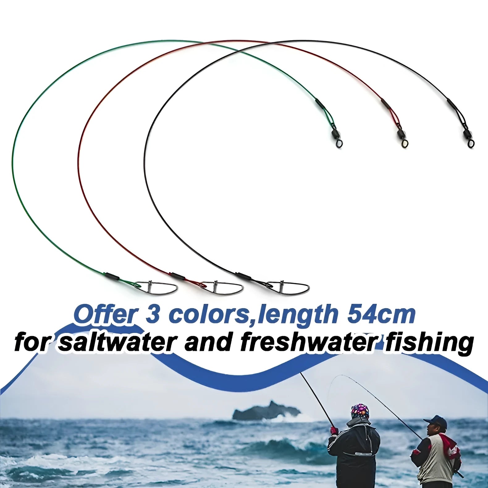 54cm steel wire fishing leaders with double buckle pin in black, green, and red colours