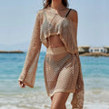 Women's khaki holiday clothing set with bell sleeve top and matching skirt for sun protection