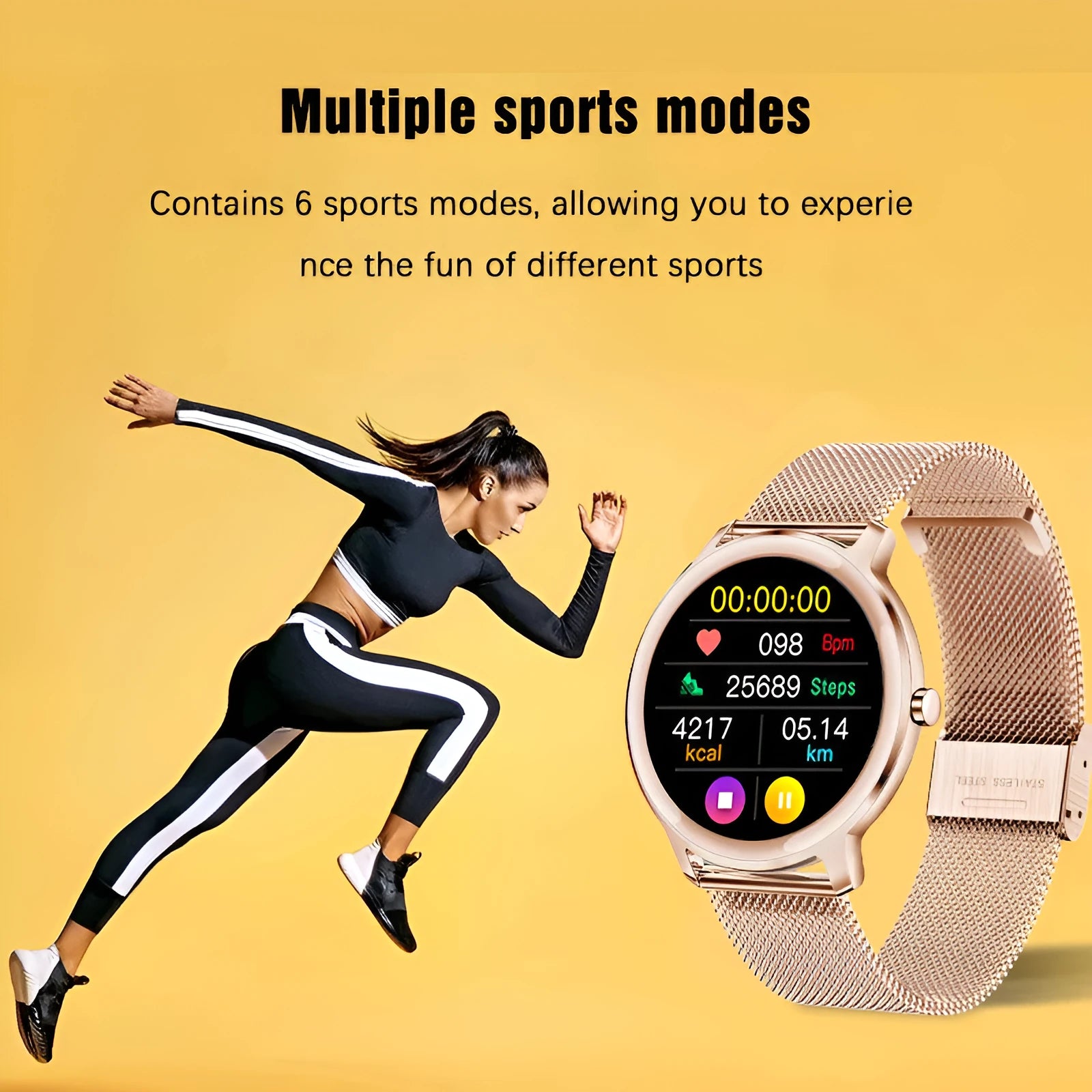 Women's waterproof smart watch with stainless steel band and 1.3 inch touch screen display