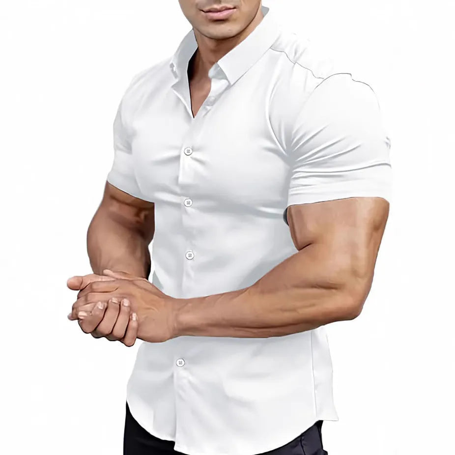 Men's short sleeve printed casual shirt with collar in cardigan style, shown in a dark blue colour.