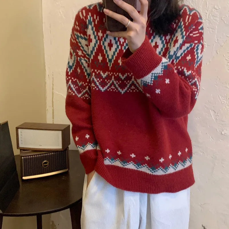 Loose retro striped knitted pullover top in polyester with long sleeves
