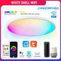 Circular black intelligent ceiling lamp with RGBCW LEDs, showing colour change and dimming via mobile APP.