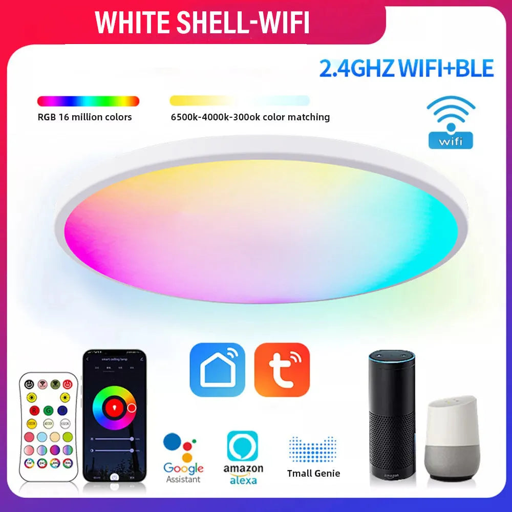 Circular black intelligent ceiling lamp with RGBCW LEDs, showing colour change and dimming via mobile APP.