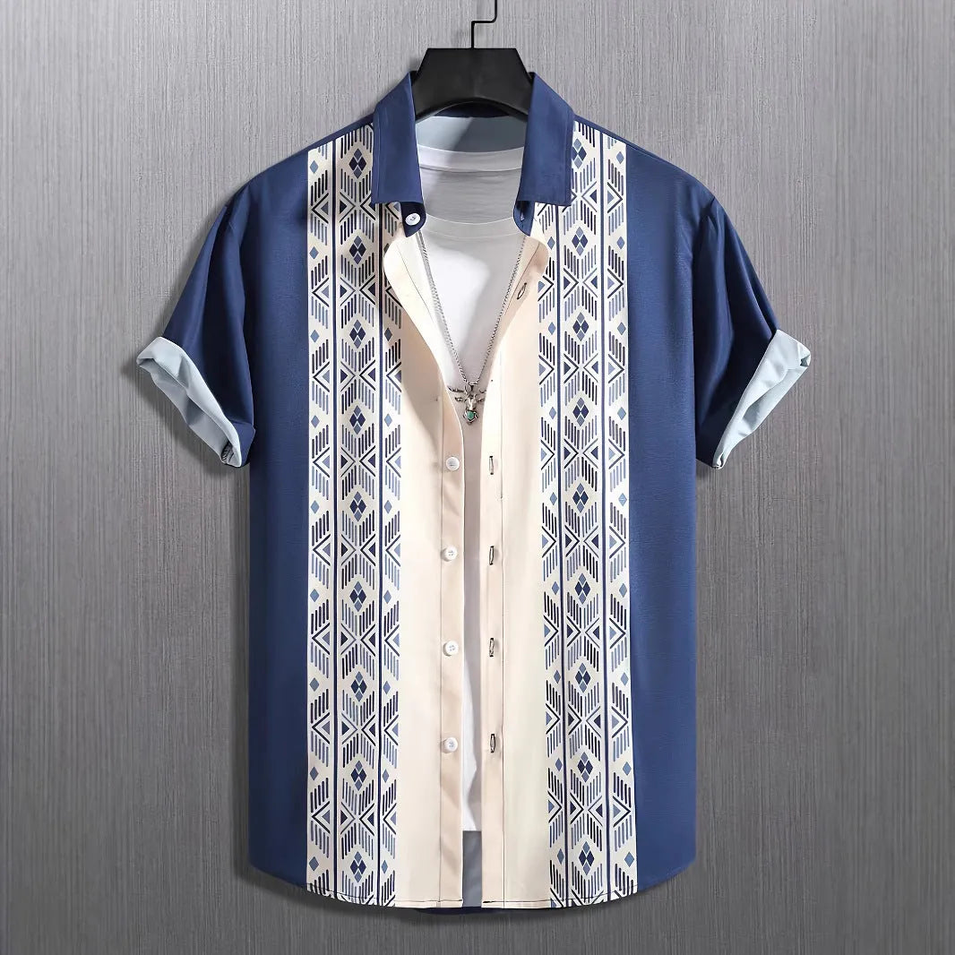 Men's plaid short-sleeved cardigan shirt in a contrast colour, loose fit, on a hanger.