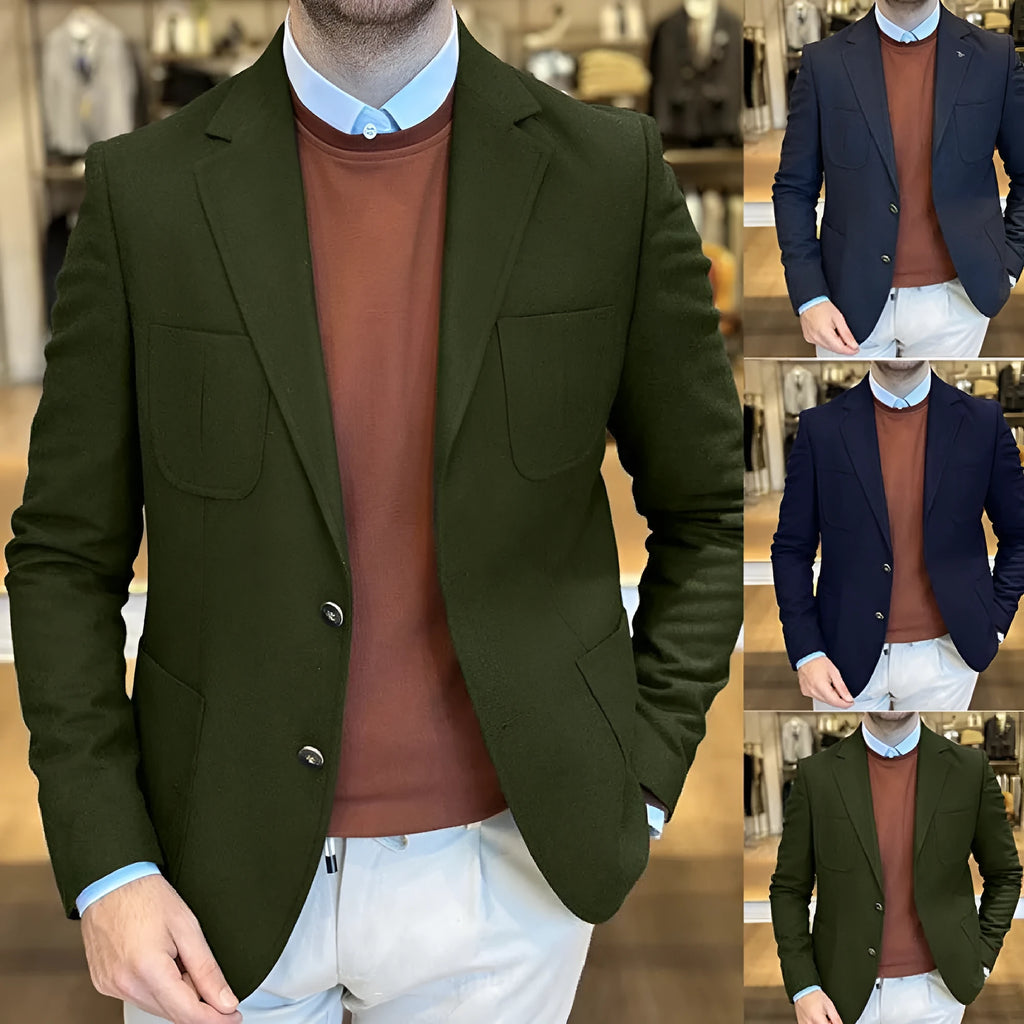 Man wearing a loose-fit army green cotton casual suit jacket.