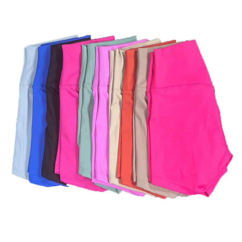 Women's high waist yoga shorts in nylon fabric available in multiple colours for running and sports