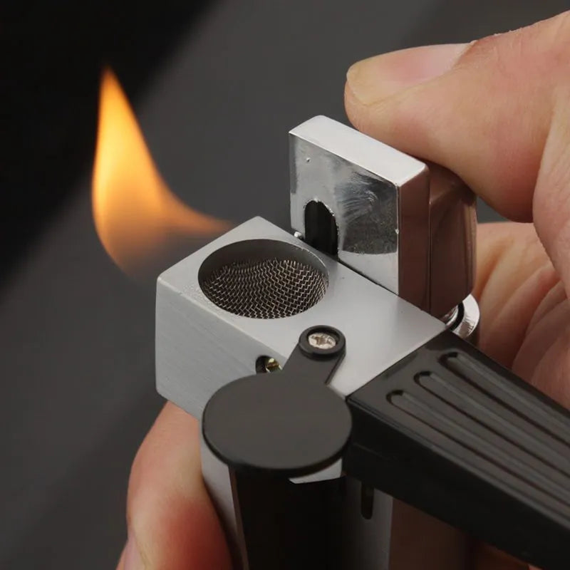 Foldable metal pipe lighter showing zinc alloy construction and refillable butane mechanism