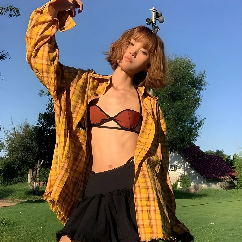 Dopamine yellow plaid shirt with loose cardigan style in polyester blend fabric