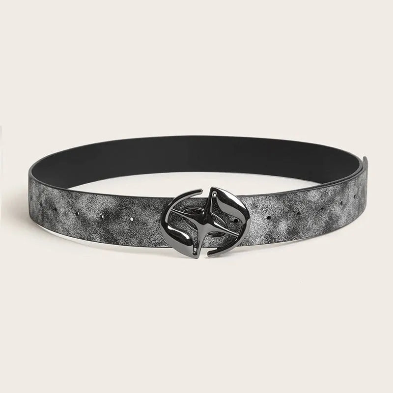 Women's retro oval buckle PU leather belt in thick width with antique finish earth tone colours