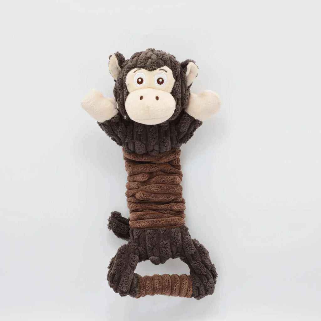 Large plush squeaky dog toy with a handle for tug of war, shown in a hippo design.
